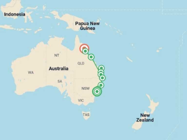 Map of Oceania Tour with 11 destination visits for the trip: Sydney to Cairns Explorer - 14 days