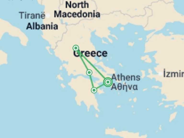 Map itinerary of Europe Tour in June 2026 with 4 destination visits for the trip: Highlights of Mainland Greece