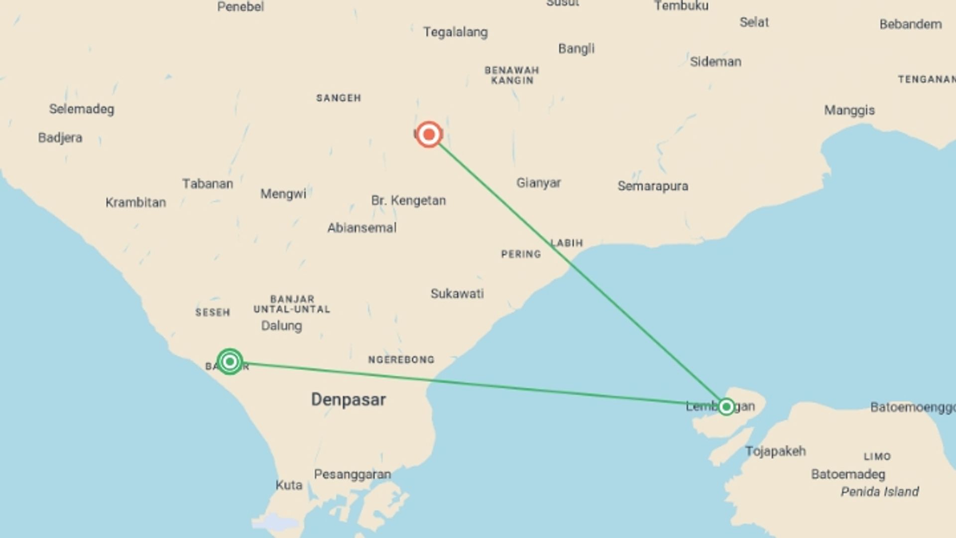 A map showing the tour itinerary for the trip: Wanderlands Bali 8 Days Tour, starting in Canggu, Indonesia and ending in Ubud, Indonesia going through 4 other destinations.