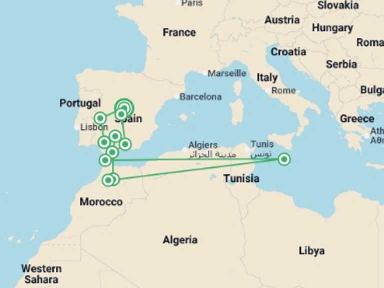 Map itinerary of Spain Tour in March 2027 with 7 destination visits for the trip: 10-day Andalusia And Morocco Escorted Tour From Madrid (c-6102)