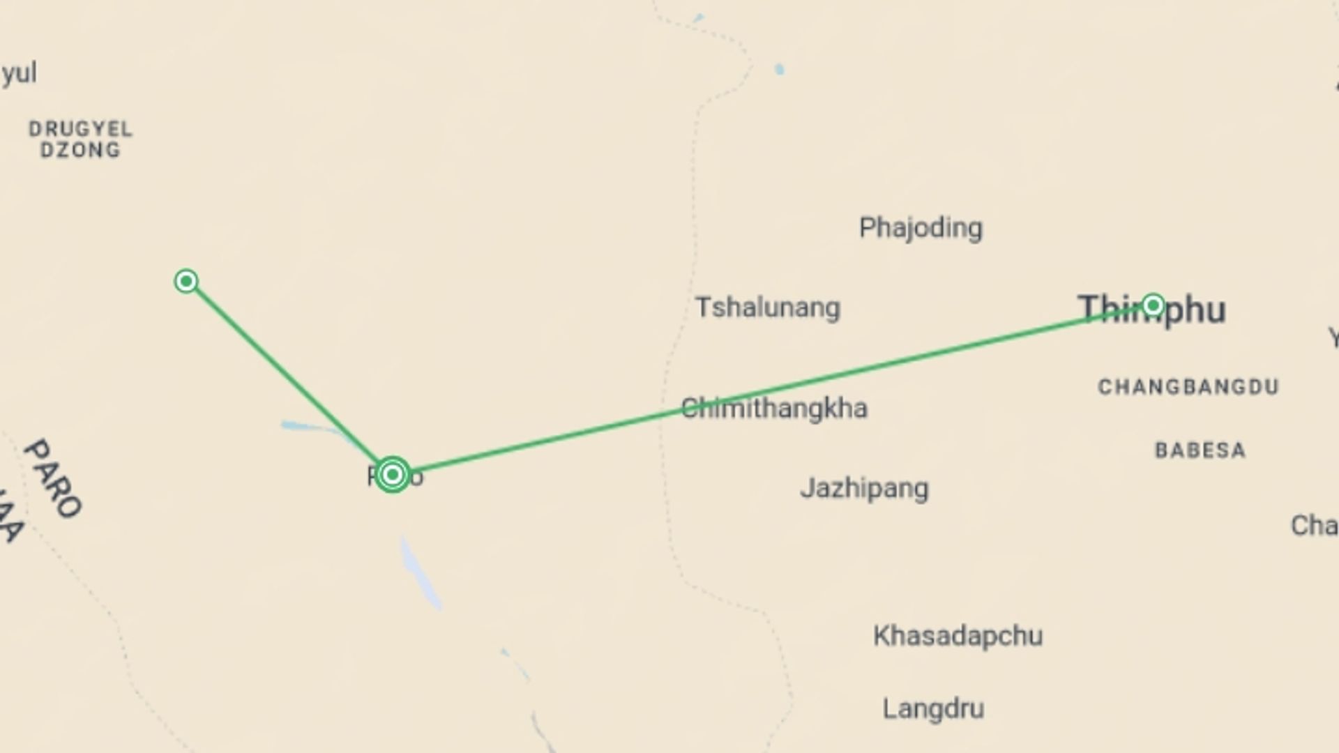 A map showing the tour itinerary for the trip: Bhutan Express - 4 days, starting in Paro, Bhutan and ending in Paro, Bhutan going through 2 other destinations.