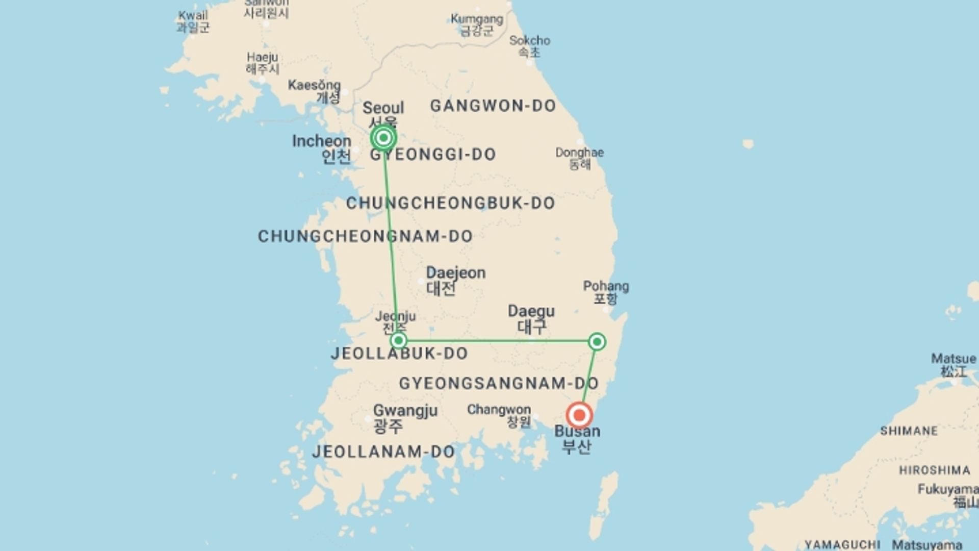 A map showing the tour itinerary for the trip: Classic Tour: Explore South Korea Highlights, starting in Seoul, South Korea and ending in Busan, South Korea going through 2 other destinations.