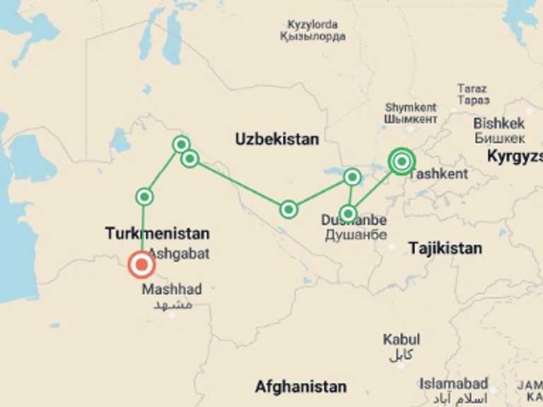 Map itinerary of Bukhara Tour in September 2026 with 8 destination visits for the trip: Best of Uzbekistan and Turkmenistan