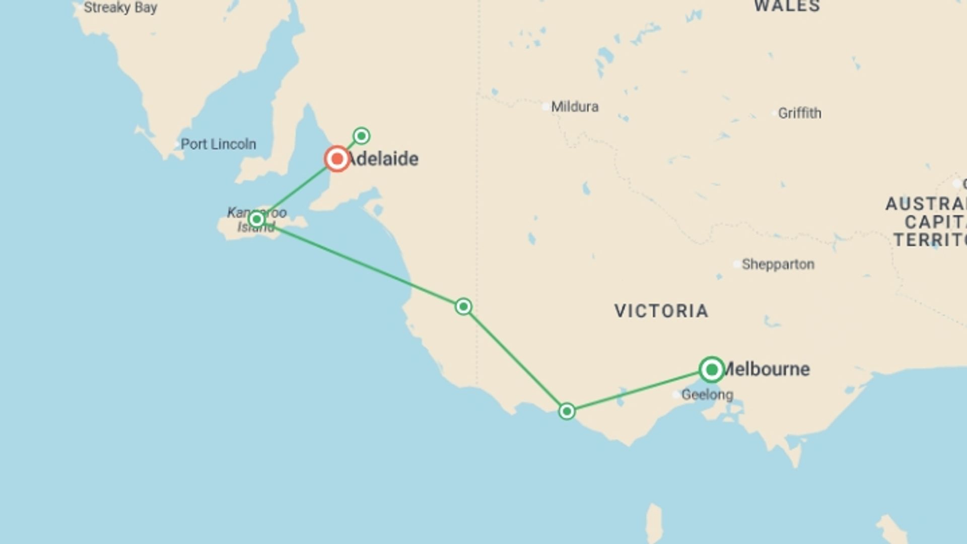 A map showing the tour itinerary for the trip: Great Ocean Road & Kangaroo Island Escape, starting in Melbourne, Australia and ending in Adelaide, Australia going through 3 other destinations.