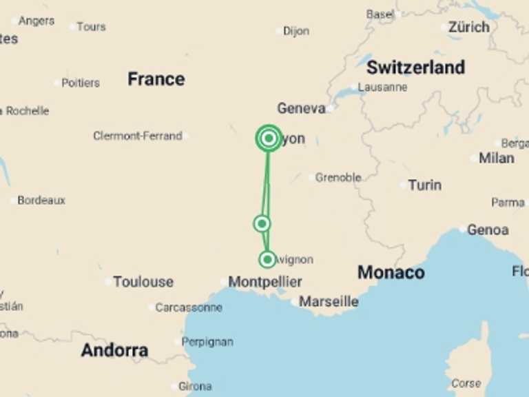 Map itinerary of Europe Tour in November 2026 with 4 destination visits for the trip: Festival Cruise : Local History and Traditions on the Rhône River