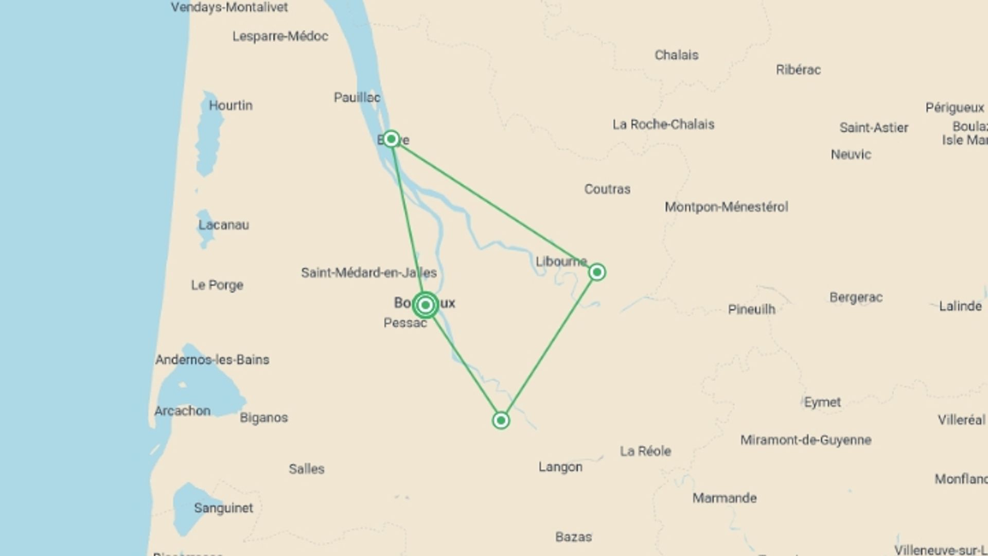 A map showing the tour itinerary for the trip: Cycling The Grand Crus of Bordeaux, starting in Bordeaux, France and ending in Bordeaux, France going through 3 other destinations.