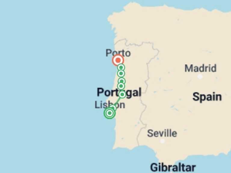 Map itinerary of Lisbon Tour in November 2026 with 8 destination visits for the trip: Portuguese Camino Cycle - Lisbon to Porto