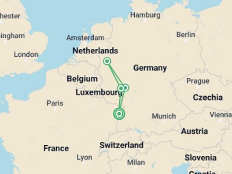 Map of 5-Day Strasbourg Tour with 4 destination visits for the trip: Rhine in Flames in Sankt Goarshausen - Magical Fireworks over the Water (port-to-port cruise)