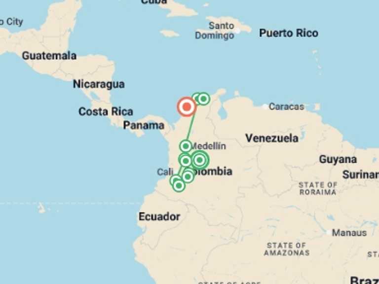 Map itinerary of South America Tour in December 2026 with 8 destination visits for the trip: Colombia Discovery - 15 days