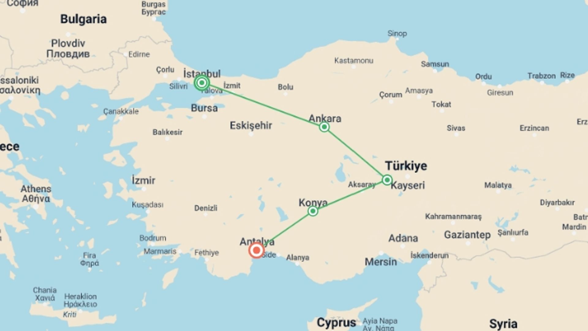 A map showing the tour itinerary for the trip: Impressive Turkey Luxury Tour, starting in Istanbul, Turkey and ending in Antalya, Turkey going through 3 other destinations.