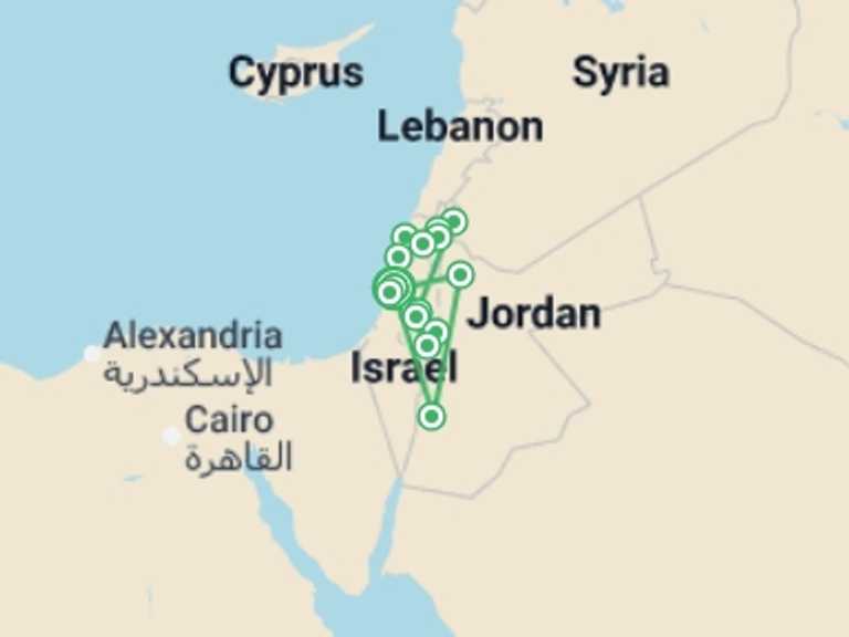 Map itinerary of Jordan Tour in June 2026 with 9 destination visits for the trip: Best of Israel & Jordan