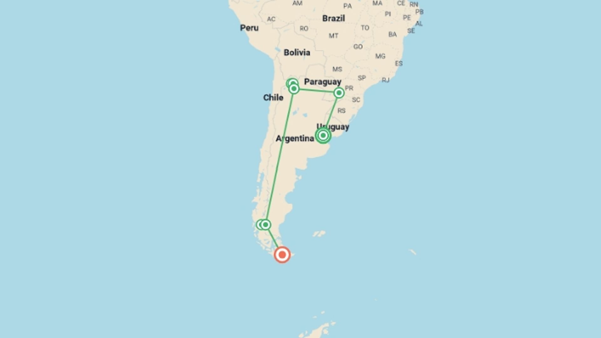 A map showing the tour itinerary for the trip: The best of Argentina, starting in Buenos Aires, Argentina and ending in Ushuaia, Argentina going through 9 other destinations.