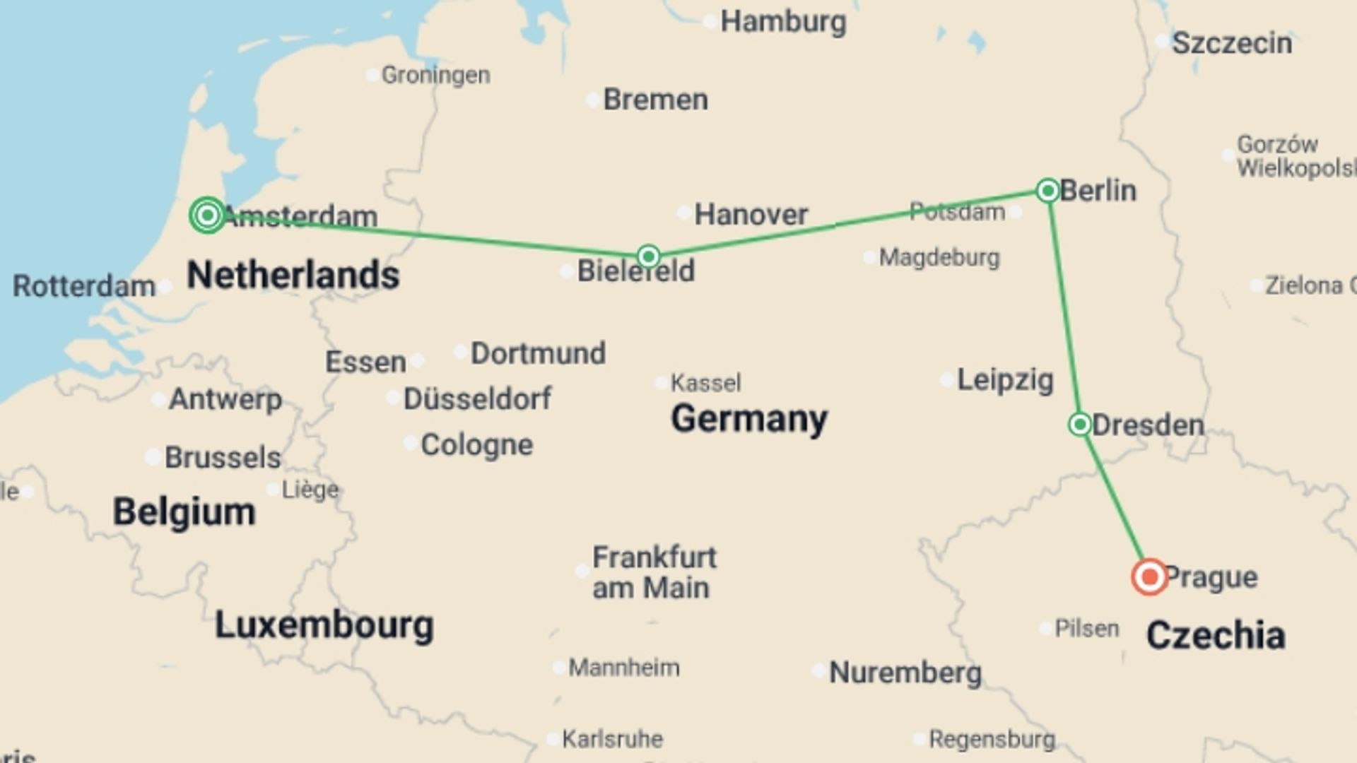 A map showing the tour itinerary for the trip: Amsterdam, Berlin and Prague, starting in Amsterdam, Holland and ending in Prague, Czech Republic going through 1 other destinations.