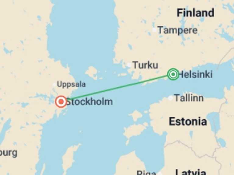 Map itinerary of Scandinavia Tour in Winter with 2 destination visits for the trip: New Year on the Baltic Sea from Helsinki 5 star - 4 days
