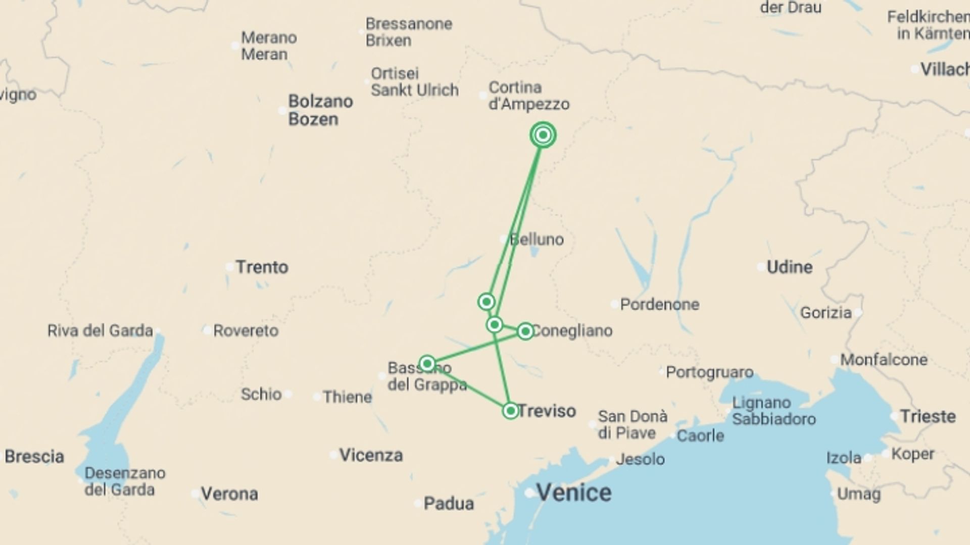 A map showing the tour itinerary for the trip: Walk The Prosecco Hills & Hidden Venice, starting in Pieve Di Cadore, Italy and ending in Pieve Di Cadore, Italy going through 6 other destinations.