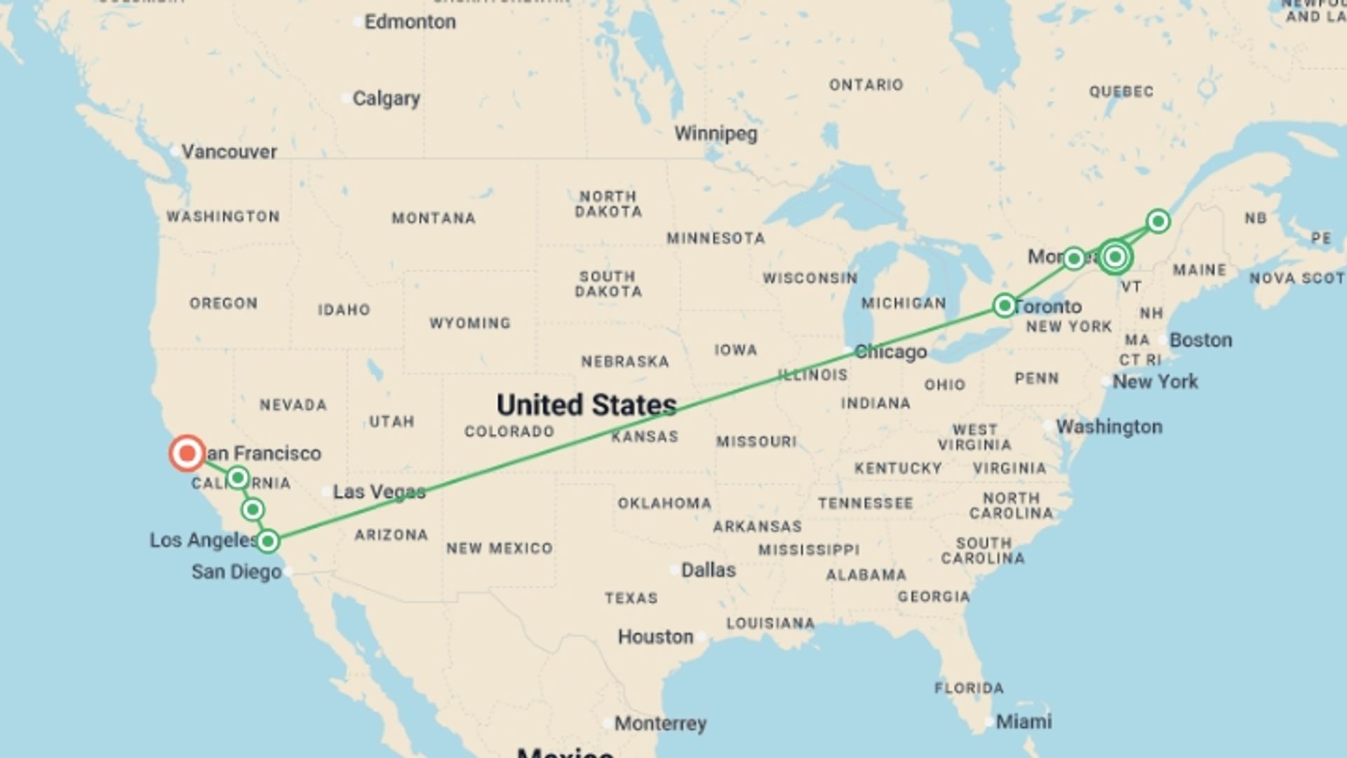A map showing the tour itinerary for the trip: Unmissable Canada and Western Classics, starting in Montreal, Canada and ending in San Francisco, USA going through 6 other destinations.