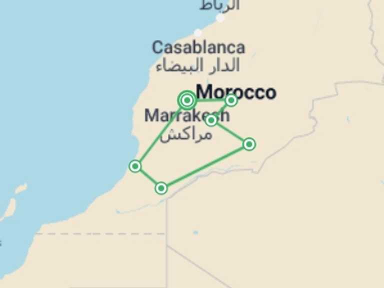 Map of 9-Day Marrakech Tour with 6 destination visits for the trip: Hiking Morocco: The High Atlas Mountains