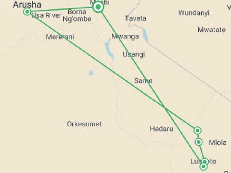 Map of 5-Day Arusha Tour with 7 destination visits for the trip: 5 Days Mount Usambara Trekking
