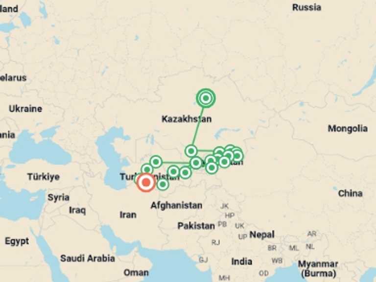 Map of Bishkek Explorer Tour with 19 destination visits for the trip: Central Asia Adventure: Astana to Ashgabat