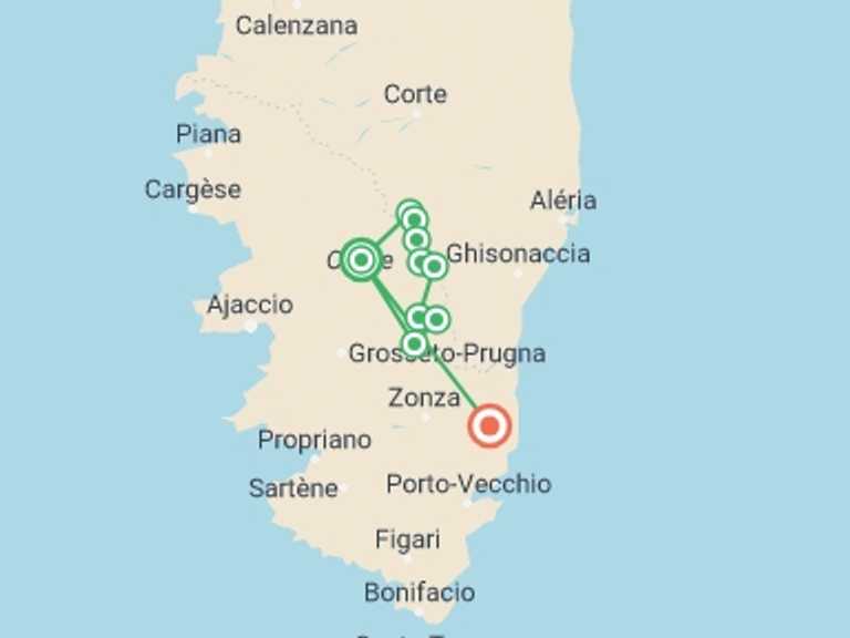 Map of France Tour with 7 destination visits for the trip: Corsica GR20 South