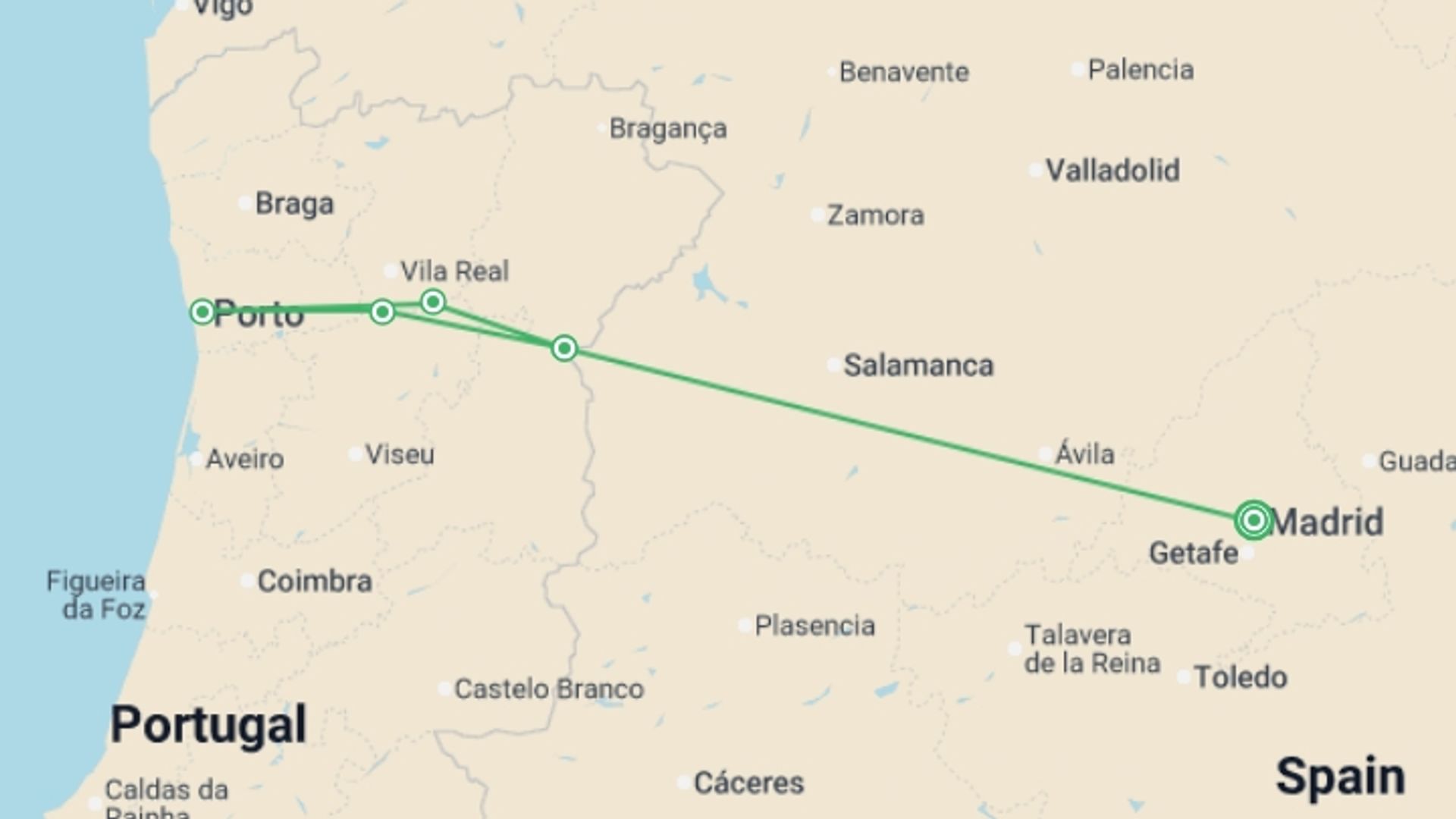 A map showing the tour itinerary for the trip: Madrid and 05 Nights Douro Cruise, starting in Madrid, Spain and ending in Salamanca, spain going through 4 other destinations.