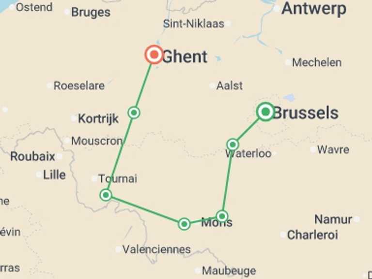 Map itinerary of Belgium Tour in August 2026 with 7 destination visits for the trip: Indulge in Art, Heritage, and Flavors on a Cruise along Belgian Canals (port-to-port cruise)
