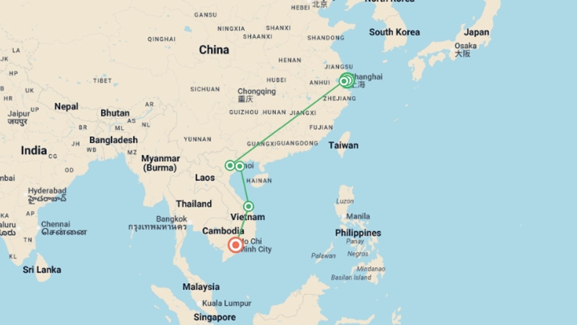 A map showing the tour itinerary for the trip: Shanghai & Vietnam Legacies - 13 days, starting in Shanghai, China and ending in Ho Chi Minh City, Vietnam going through 5 other destinations.