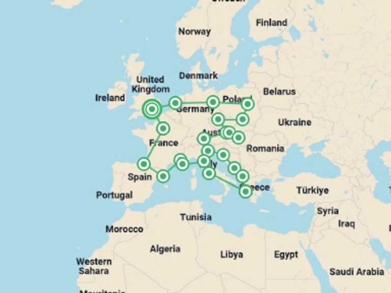Map of Europe Tour with 22 destination visits for the trip: Mega European