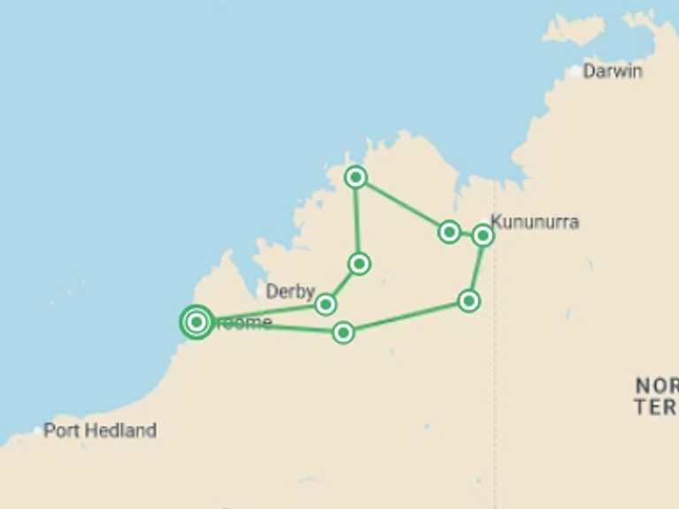 Map itinerary of Broome Tour in July 2026 with 8 destination visits for the trip: Kimberley Trail
