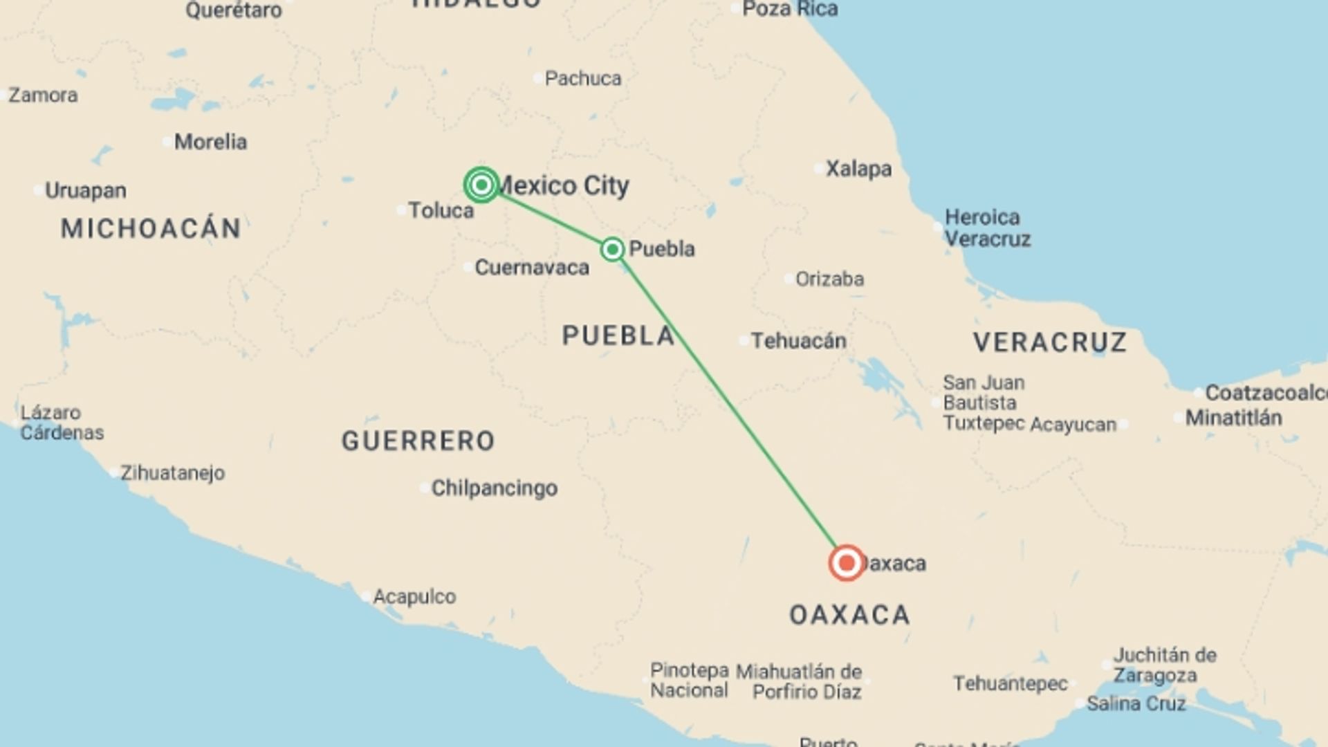 A map showing the tour itinerary for the trip: Premium Mexico City to Oaxaca, starting in Mexico City, Mexico and ending in Oaxaca, Mexico going through 1 other destinations.