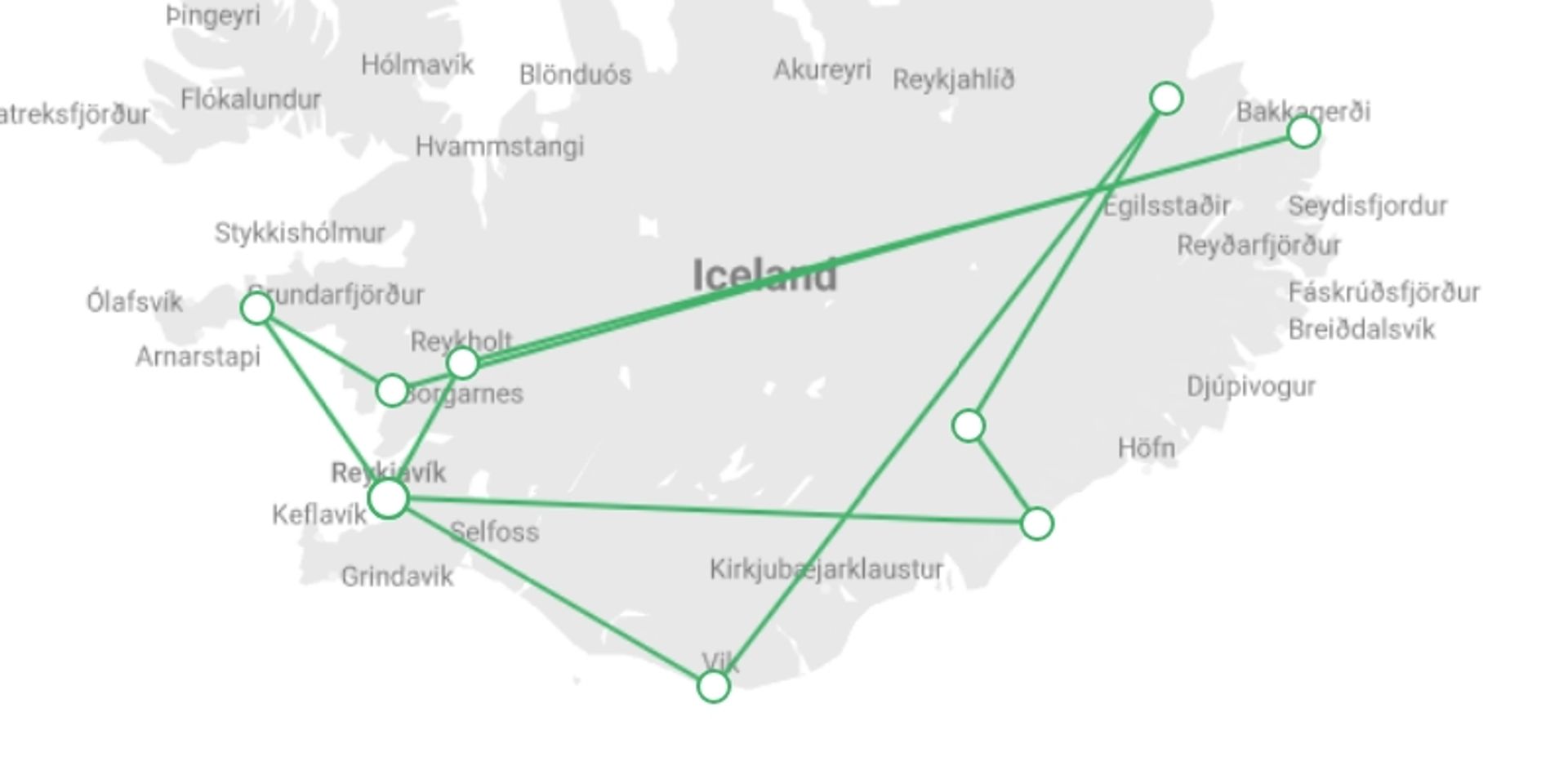 A map showing the tour itinerary for the trip: Iceland Express, starting in Reykjavik, Iceland and ending in Reykjavik, Iceland going through 1 other destinations.