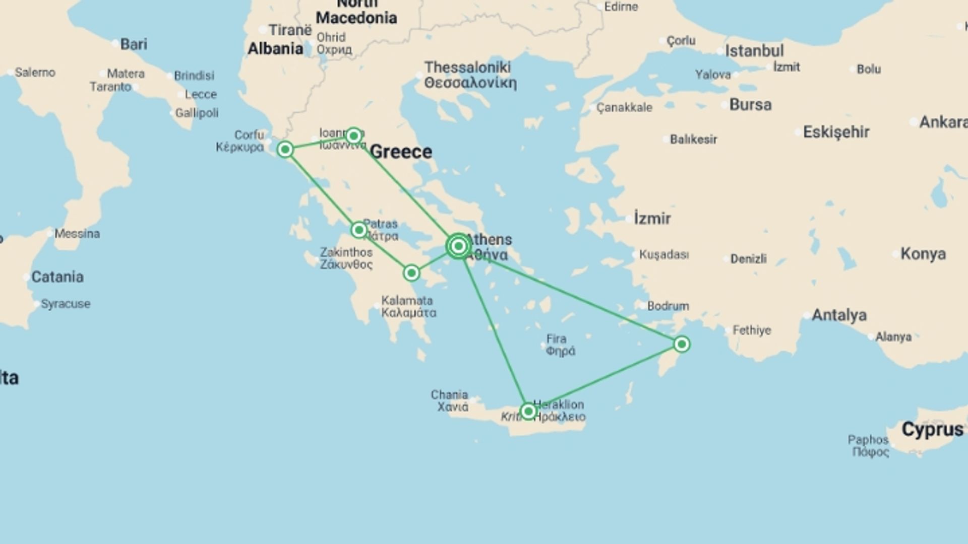 A map showing the tour itinerary for the trip: Athens, Peloponnese, Northern Greece and Greek Islands, starting in Athens, Greece and ending in Athens, Greece going through 6 other destinations.