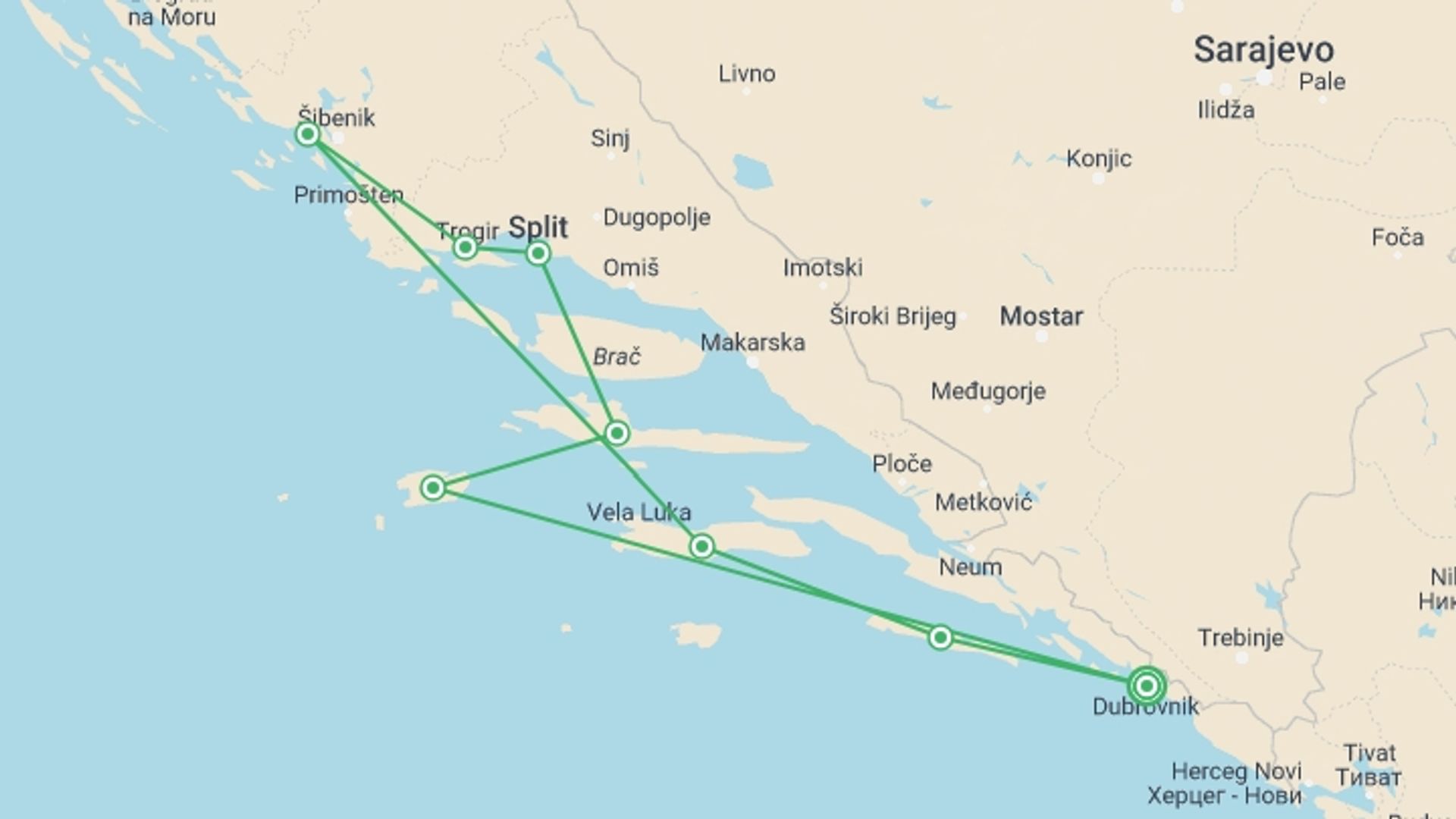 A map showing the tour itinerary for the trip: Croatia and Montenegro (port-to-port cruise), starting in Dubrovnik, Croatia and ending in Dubrovnik, Croatia going through 4 other destinations.
