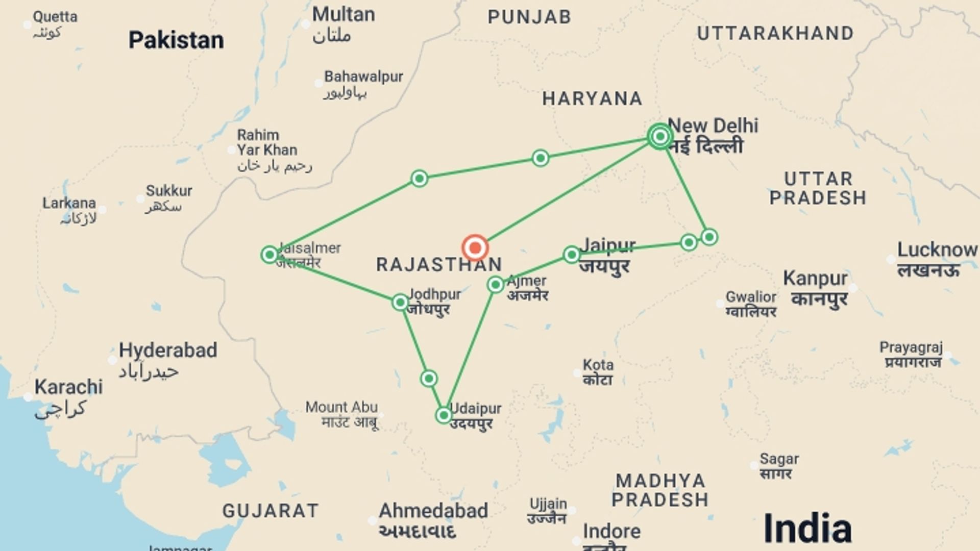 A map showing the tour itinerary for the trip: A Discovery of India Premium Small Group Tour, starting in New Delhi, India and ending in Rajasthan, India going through 8 other destinations.
