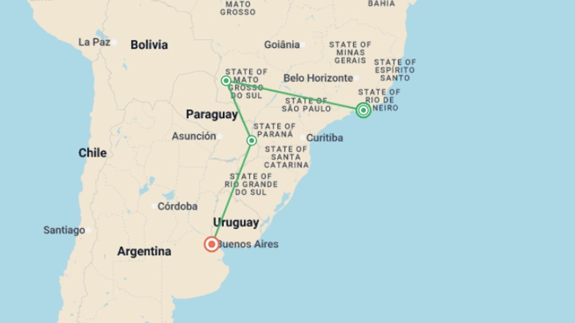 A map showing the tour itinerary for the trip: RIO to BUENOS AIRES  (26 days) Waterfalls, Wetland, starting in Rio de Janeiro, Brazil and ending in Buenos Aires, Argentina going through 3 other destinations.