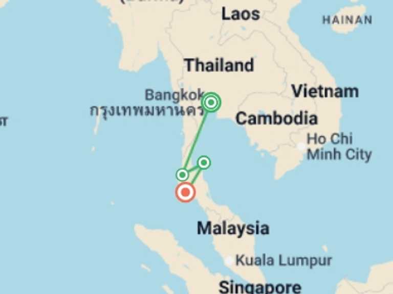 Map itinerary of Thailand Tour in November 2026 with 4 destination visits for the trip: Bangkok to Phi Phi Islands Adventure - 12 days