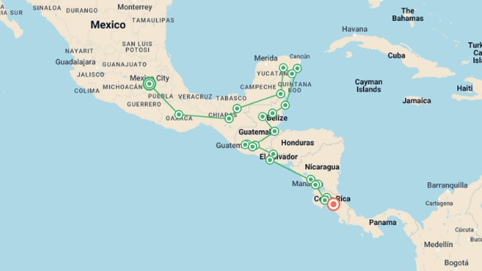 A map showing the tour itinerary for the trip: Epic Central America: Seven Countries & the Softest Sand Ever, starting in Mexico City, Mexico and ending in San Jose, Costa Rica going through 23 other destinations.