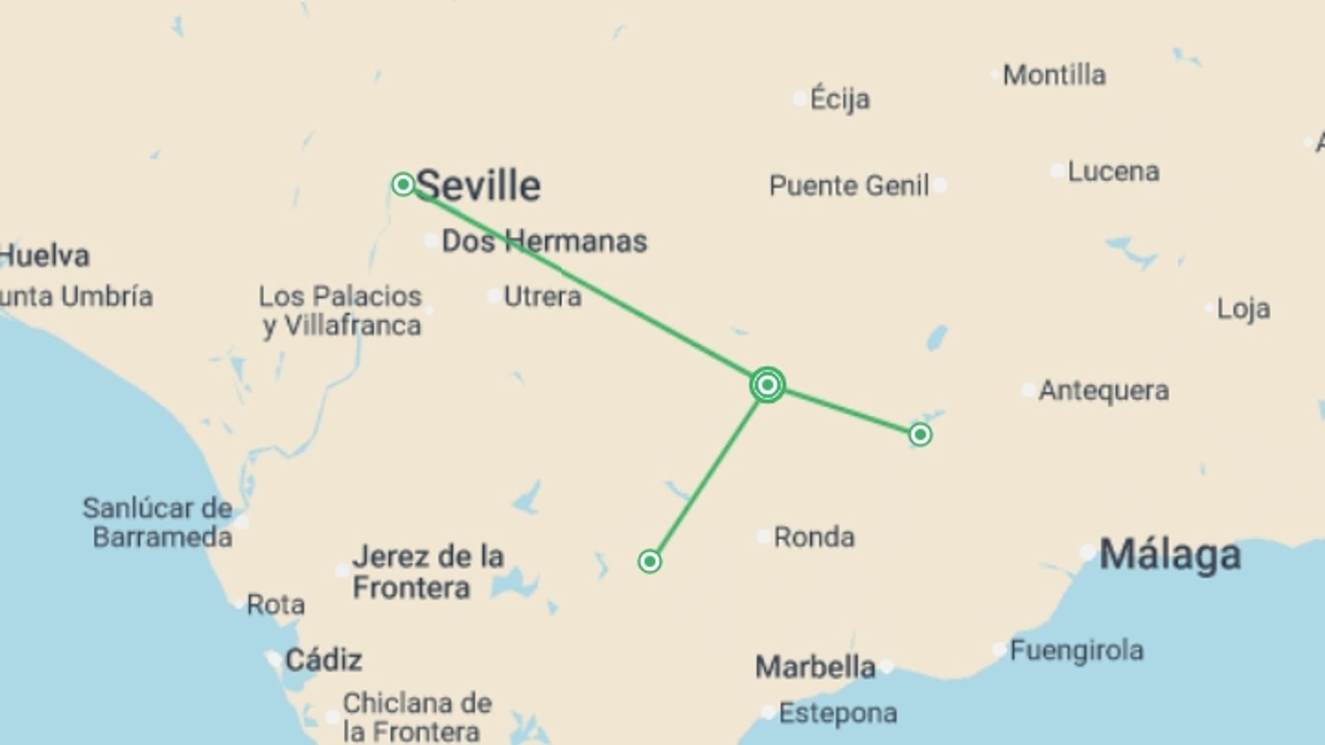 A map showing the tour itinerary for the trip: Walking in Andalucia, starting in Cortijo Rosario, Spain and ending in Cortijo Rosario, Spain going through 3 other destinations.