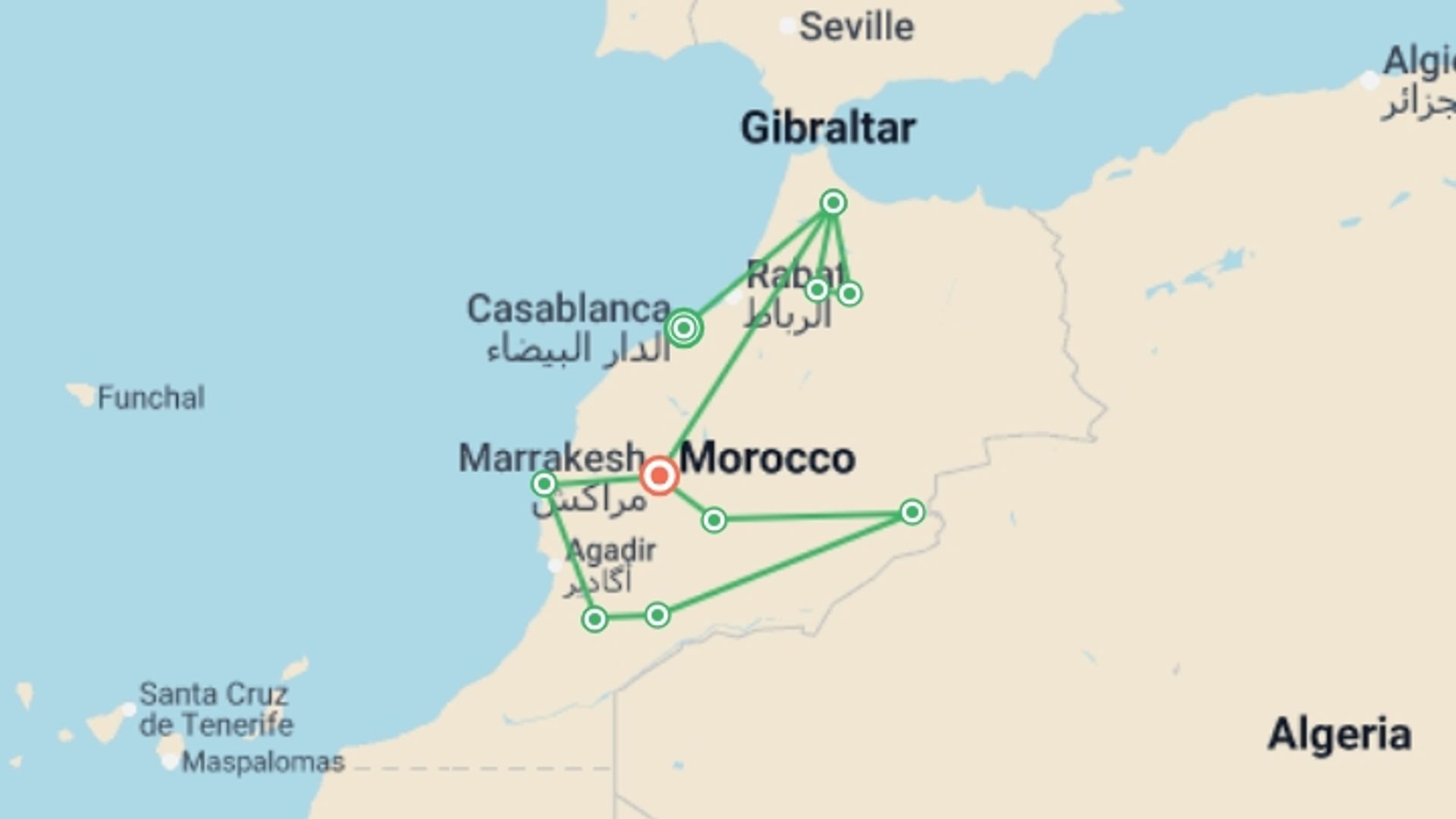 A map showing the tour itinerary for the trip: Morocco Encompassed, starting in Casablanca, Morocco and ending in Marrakech, Morocco going through 8 other destinations.
