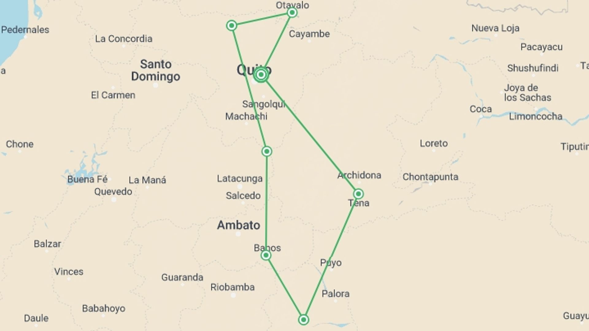 A map showing the tour itinerary for the trip: Ecuador Highlands, starting in Quito, Ecuador and ending in Quito, Ecuador going through 4 other destinations.