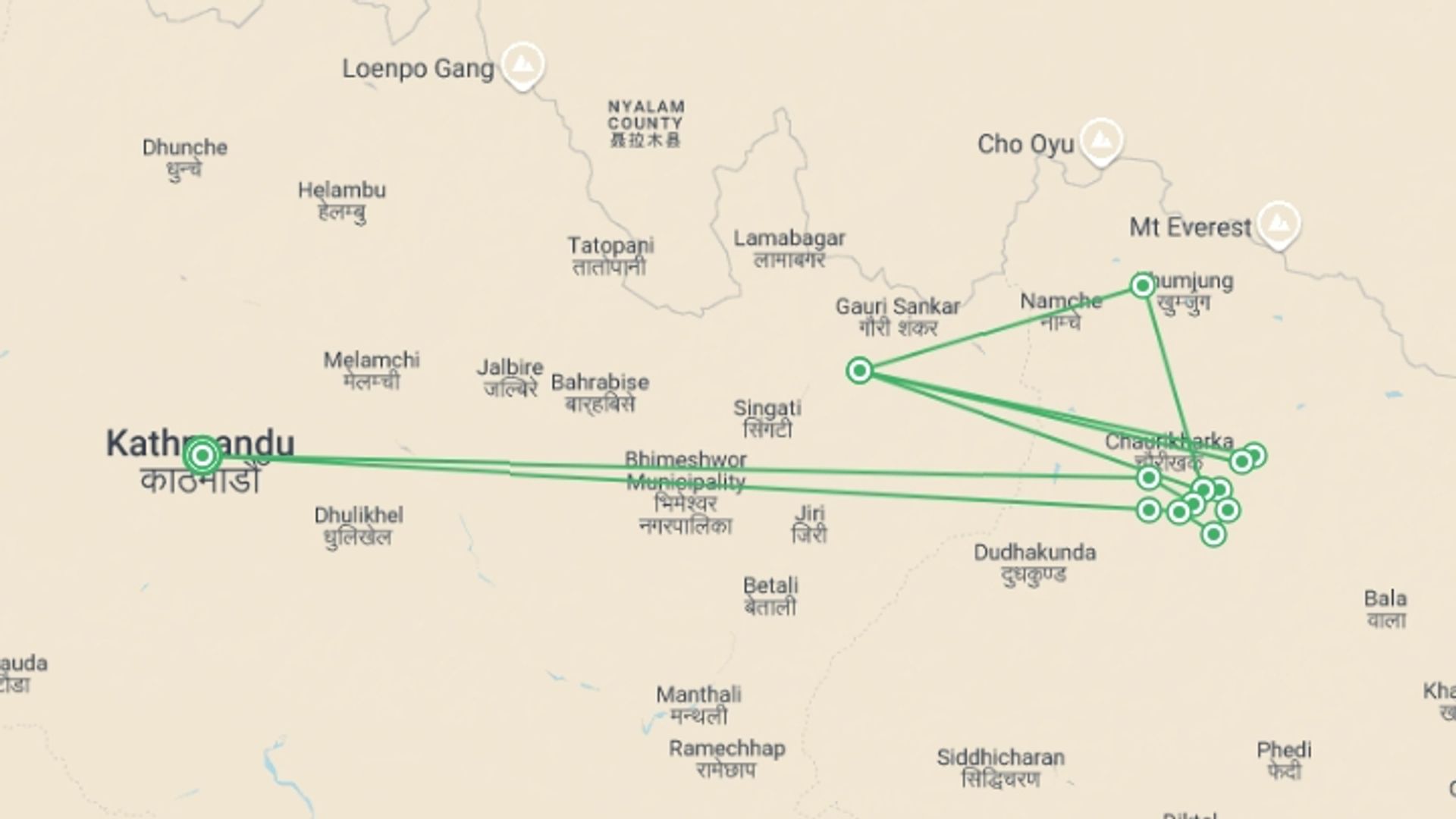 A map showing the tour itinerary for the trip: Mera Peak Climbing, starting in Kathmandu, Nepal and ending in Kathmandu, Nepal going through 12 other destinations.