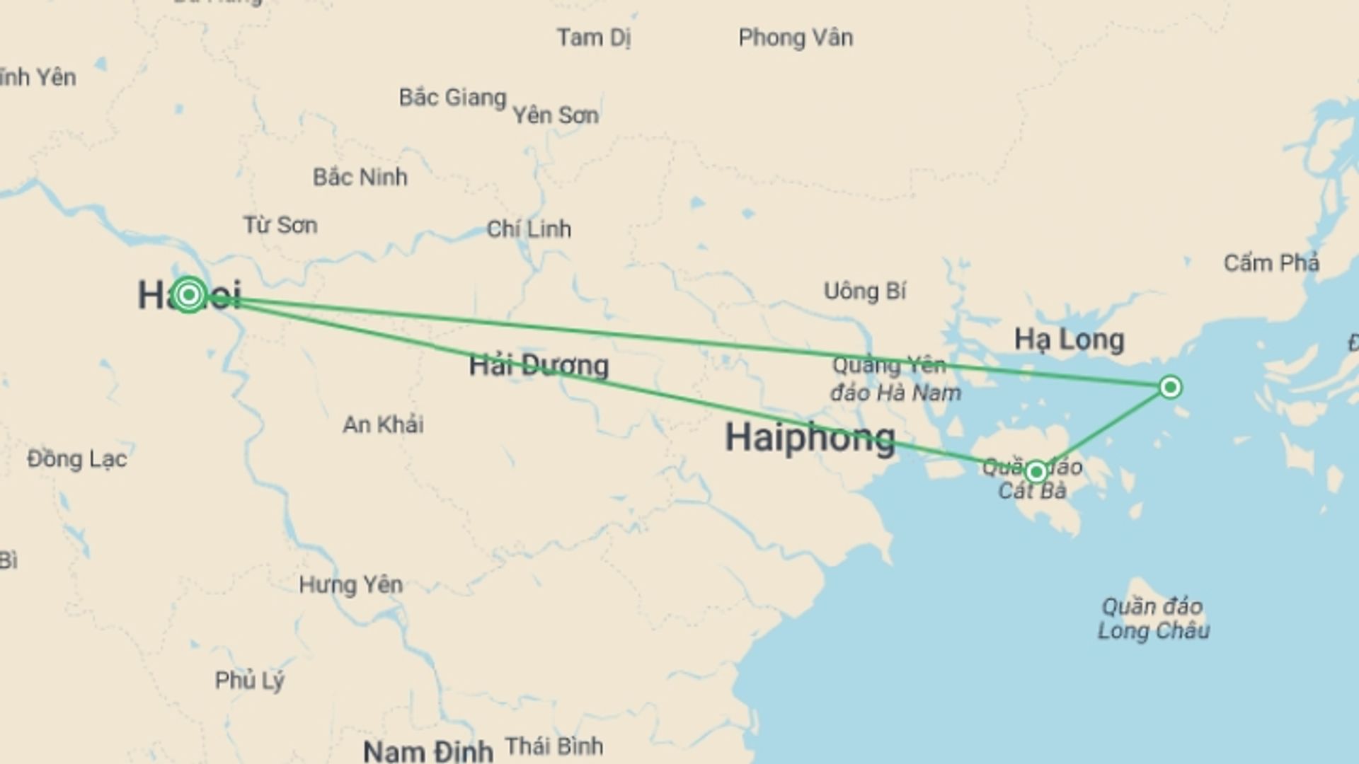 A map showing the tour itinerary for the trip: Halong Bay Cruise - 3 days incl Kayking, starting in Hanoi, Vietnam and ending in Hanoi, Vietnam going through 2 other destinations.