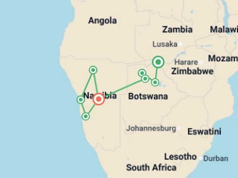 Map of Windhoek Wildlife Tour with 8 destination visits for the trip: Okavango Delta and Deserts Reunion 35 to 45