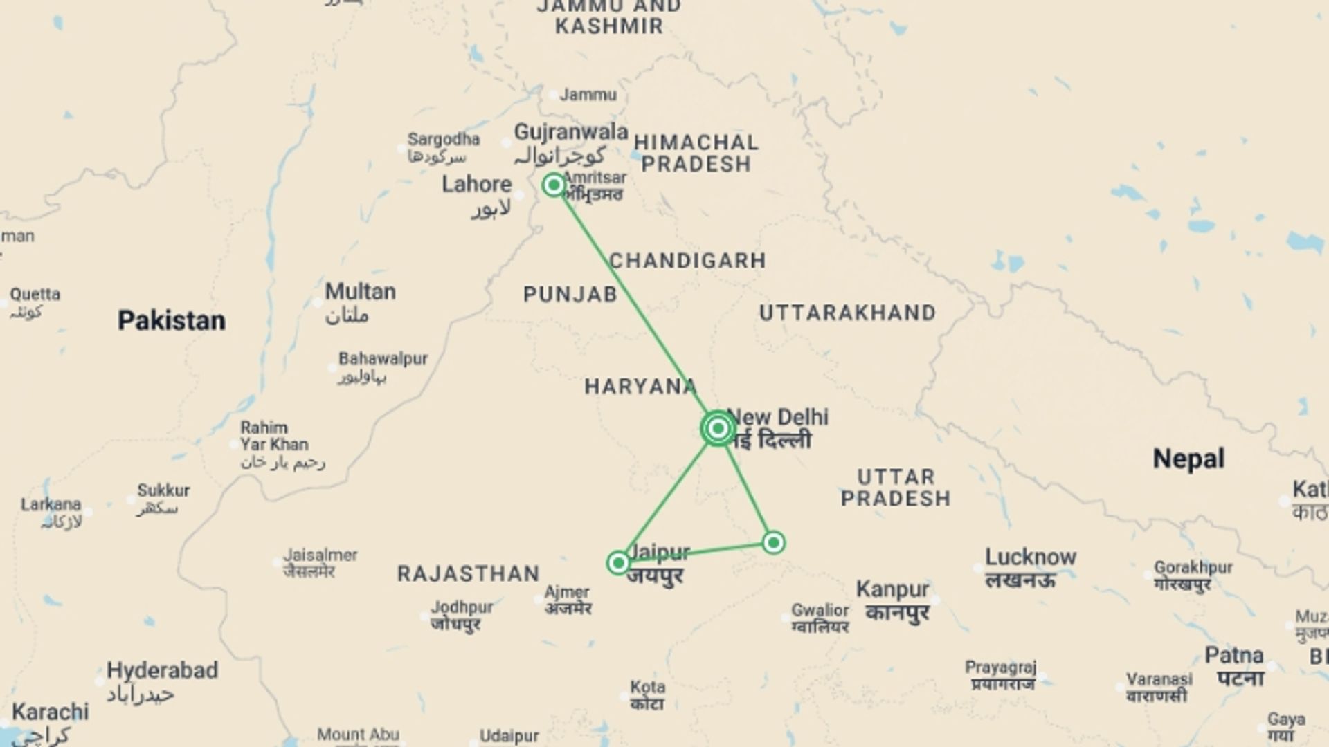 A map showing the tour itinerary for the trip: Golden Triangle With Amritsar, Supersaver, starting in New Delhi, India and ending in New Delhi, India going through 3 other destinations.