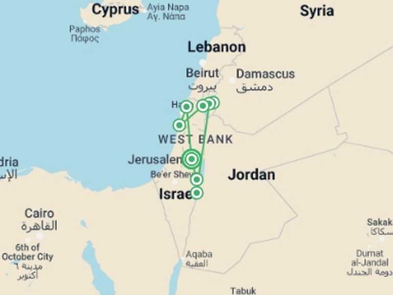 Map of a Spiritual or religious Tour with 4 destination visits for the trip: Jewish Israel Tour Package, 6 Days From Jerusalem