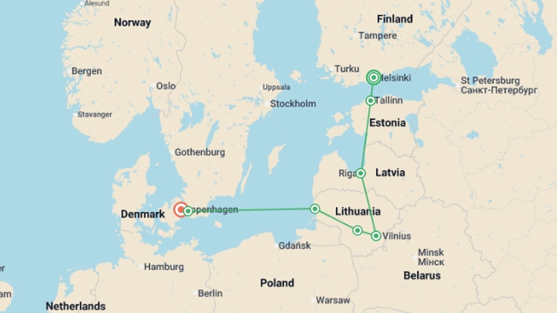 A map showing the tour itinerary for the trip: Nordic & Baltic Escape, starting in Helsinki, Finland and ending in Copenhagen, Denmark going through 4 other destinations.