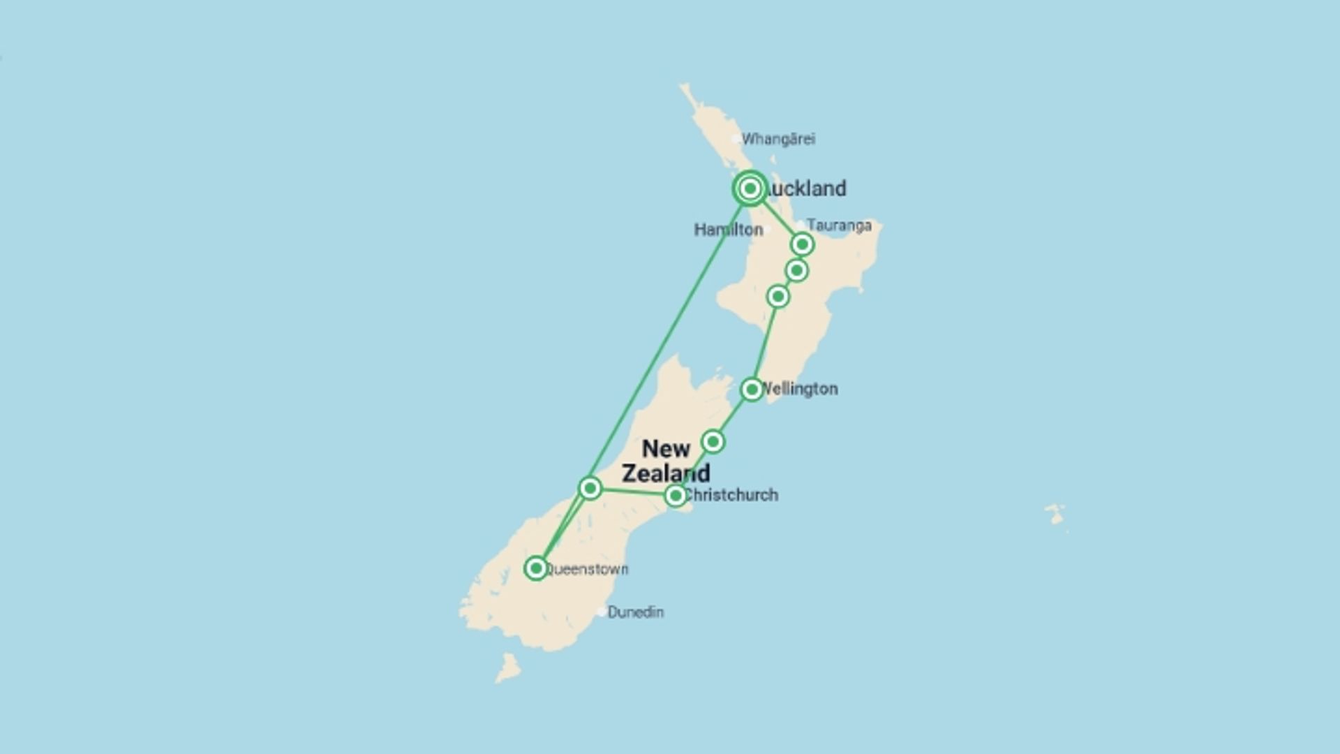 A map showing the tour itinerary for the trip: New Zealand Panorama, starting in Auckland, New Zealand and ending in Auckland, New Zealand going through 8 other destinations.