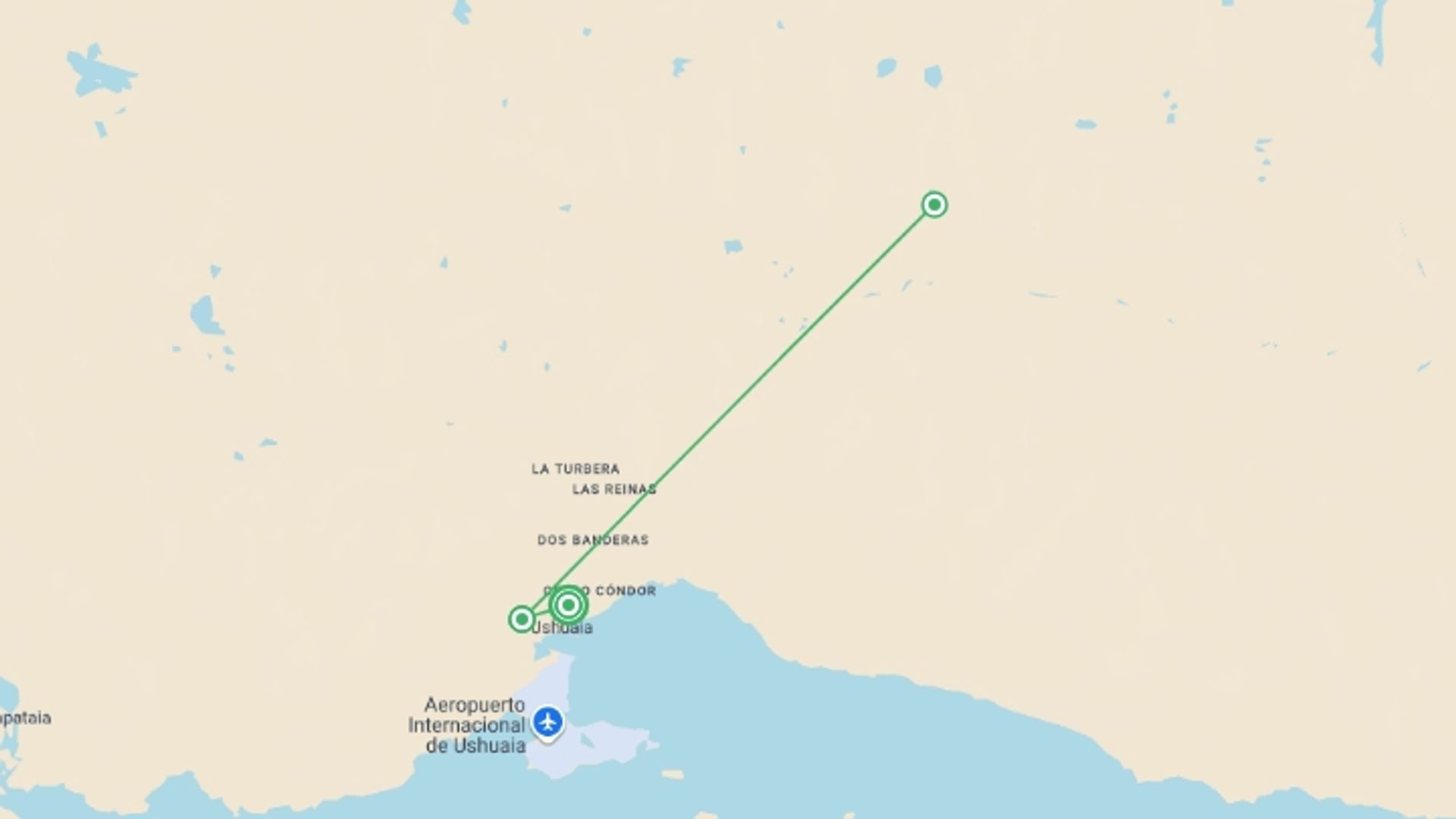 A map showing the tour itinerary for the trip: Ushuaia Adventure: Patagonia Nature & Beagle Channel, starting in Ushuaia, Argentina and ending in Ushuaia, Argentina going through 2 other destinations.