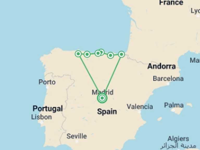 Map itinerary of Madrid Tour in Spring with 5 destination visits for the trip: 4-day Guided Tour Basque Country And Oviedo From Madrid