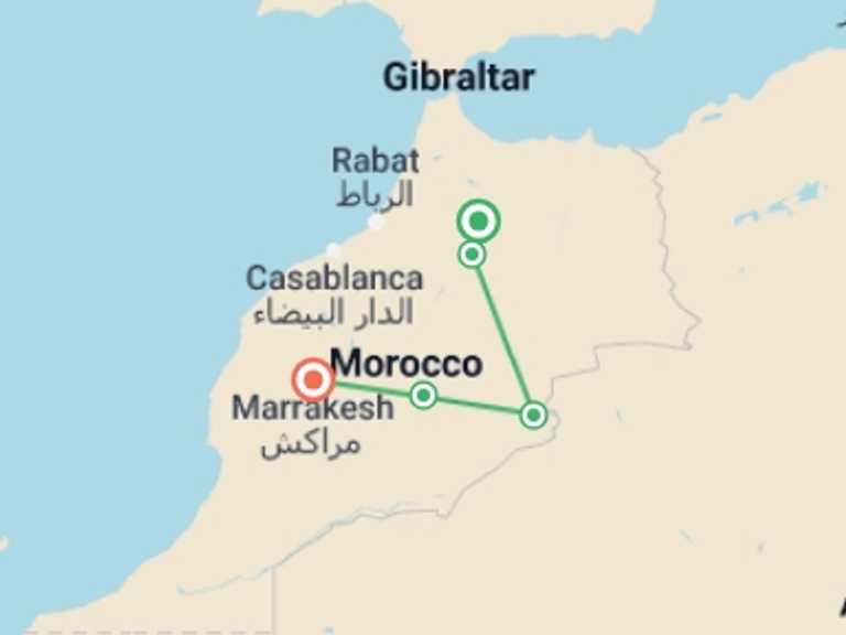 Map itinerary of Marrakech Tour in May 2027 with 4 destination visits for the trip: 3 Day Sahara Desert Tour from Fes to Marrakech